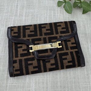 Vintage Fendi Zucca Wallet Clutch Monogram Canvas Brown Leather Made in Italy